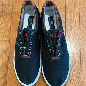 Polo by Ralph Lauren Black Canvas Slip-On Loafers with Brown Trim